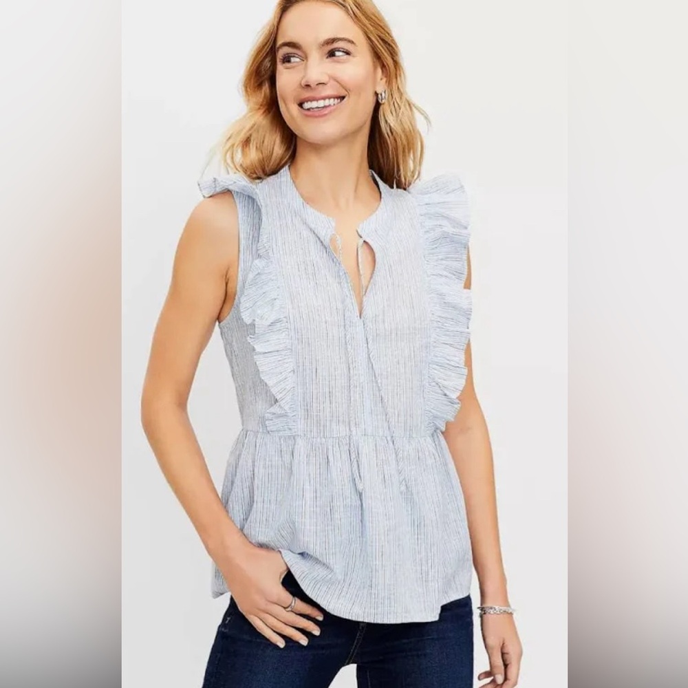 Loft Blue White Striped Top Sleeveless Ruffled Peasant Boho Medium